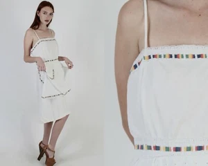 Vtg 70s Country Festival Dress White Eyelet Floral Striped Lace Sundress Mini - Picture 1 of 6
