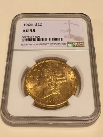 1906 AU58 NGC $20 Liberty Double Eagle Gold Coin very nice TOUGH P-mint(no PCGS) Cover