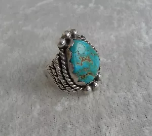 ANELLO JACK ADAKAI NAVAJO ARGENTO STERLING E PIETRA TURCHESE TAGLIA 9 VECCHIO PEDONE 14 GRAMMI - Foto 1 di 5