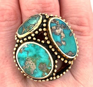 Anillo de 3 piedras de diseño único persa turquesa vermeil de colección - Imagen 1 de 11