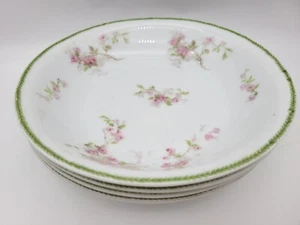 Set Of 4 VICTORIA AUSTRIA VTO179 Soup Bowls w/ GREEN BAND, PINK & WHITE DAISIES - Picture 1 of 6