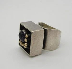 Estate Vintage Huge Bold Mid Century Modern  Sterling Silver Gold Amethyst Ring - Picture 1 of 3