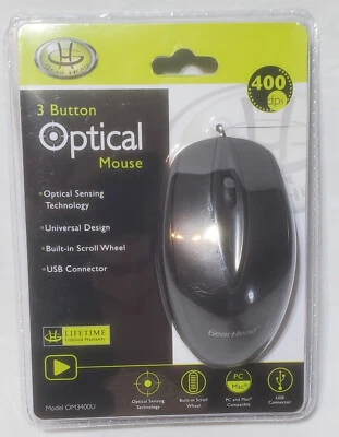Gear Head Optical Mouse 3 Button USB Model OM3400U -400 dpi PC & Mac Compatible - Image 1 of 2