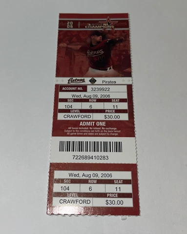 Houston Astros Vs Pittsburgh Pirates Game day ticket Stub. 8/9/2006 Cover