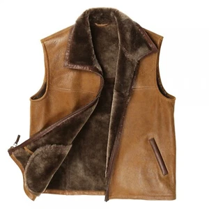 New Men's Brown Real Genuine Sheepskin Leather Shearling Vest New Style Fur Vest - Picture 1 of 4