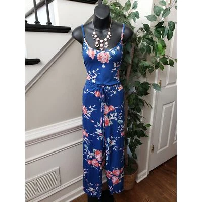 Women's Jumpsuit Medium Blue Floral Polyester Drawstring Waist Adjustable Strap - Image 1 of 4