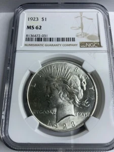 1923 Peace Silber Dollar GRADED MS 62 (NGC #8136472-031) 90% Silber - Bild 1 von 2