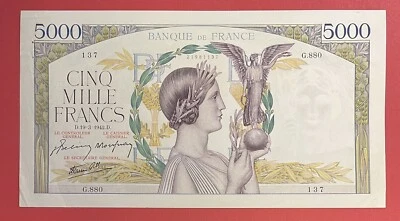 France 5000 Francs 19.3.1942 Pick# 97c Extremely Fine. #2708 - Image 1 of 2