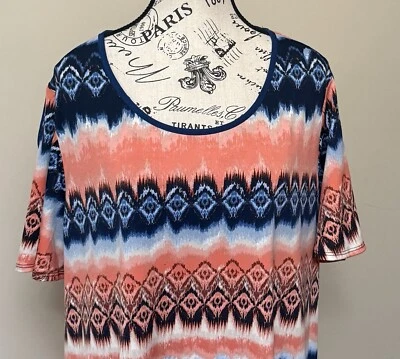 Blusa de malha NY Collection feminina 2X listras azul coral azul marinho bainha assimétrica B48 - Imagem 1 de 4