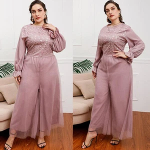 Women Plain Long Sleeve Rompers Jumpsuit Wide Leg Pants Overalls Playsuit XL-5XL - Picture 1 of 20