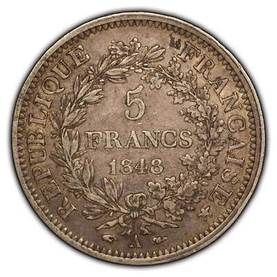 1848-A França prata 5 francos 0,7234 oz ASW - KM-756.1 - SKU-F3857 - Imagem 1 de 4