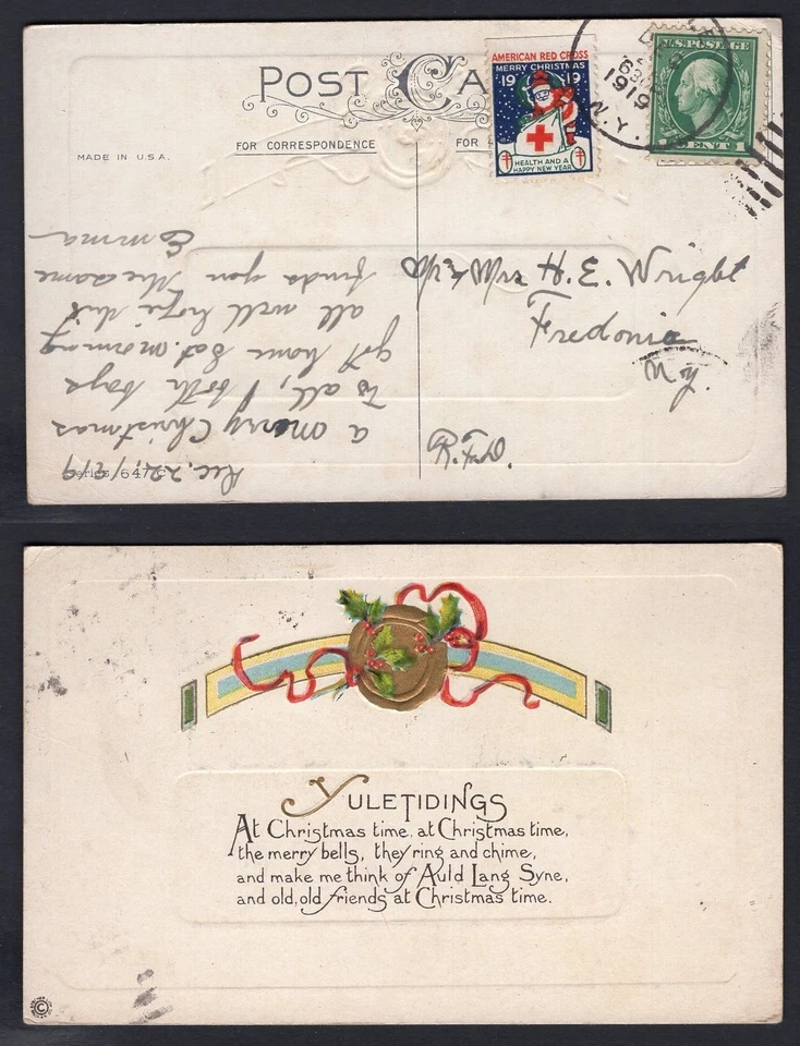 USA 1919 Red Cross Christmas Seal Cinderella on Postcard to Fredonia NY - Image 1 of 3