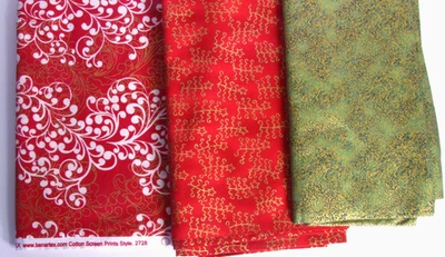 3 yardas de tela de edredón de Navidad rojo verde oro detalles Hoffman Yoshida Knott Foto 1 de 4