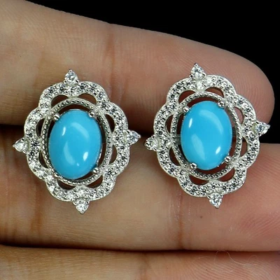 Pendientes de plata de ley 925 turquesa ovalada 8x6 mm joyas de piedras preciosas naturales Foto 1 de 4