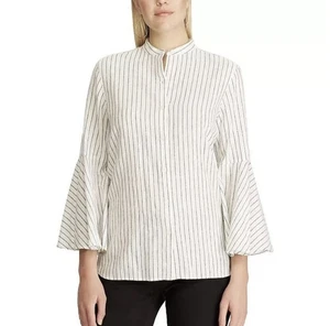 Blusa Top Chaps Negro Blanco Rayas Mezcla de Lino Manga Campana Abotonada Plus XXL - Imagen 1 de 11