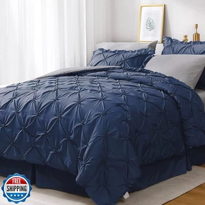 JOLLYVOGUE King Size Comforter Set 7 Pieces, Navy Blue/Gray Bed in a Bag Comf - Picture 1 of 5