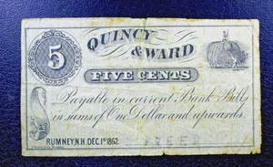 1862 Note -5 Cent Rumney, NH Note Quincy & Ward - Ungraded F - Picture 1 of 2