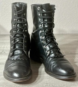 Justin 506 Lacer Kiltie Boots Mens 8EE Black Leather Western Lace Up Roper. EUC - Picture 1 of 14