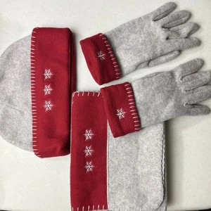 Vintage Winter Handschuhe Mütze und Schal Set weiß creme Schneeflocken elegant Damen - Bild 1 von 4