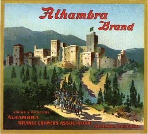 Impresión artística de etiqueta de caja de cítricos naranja Alhambra Los Angeles Palace España - Imagen 1 de 1