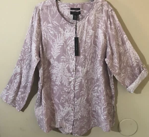 Tahari 100% Linen Tunic Button Front Shirt Roll Up Sleeve Leaf Plus Sz 2X NWT - Picture 1 of 6