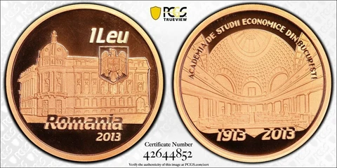 🔥ROMANIA 1 LEU PROOF COIN 2013 YEAR KM#312 ACADEMY COMMERCIAL PCGS PR69 TOP POP Cover