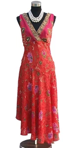Chris McLaughlin Dress 12 Green Beige Rust V Neck Bias cut Uneven Hem Sheath L - Picture 1 of 5