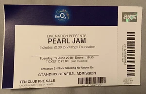 PEARL JAM UNBENUTZTER TICKETSTUMMEL FÜR DIE O2 LONDON JUNI 2018 SHOW - Bild 1 von 2