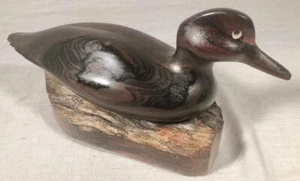 ANTIQUE HAND CARVED HARDWOOD WALNUT MALLARD DUCK DECOY WATERLINE FIGURE - Picture 1 of 4