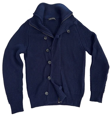 $998 Master Coat Mens Cardigan Ribbed Cable Shawl Zip Sweater Navy Italy Small - Image 1 of 3