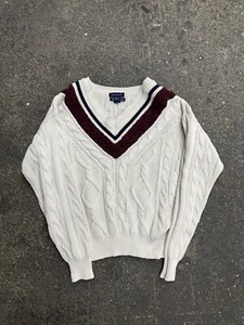Vintage Gant Cricket Varsity Tennis Sweater Cable Knit V Neck White Mens Medium - Picture 1 of 6