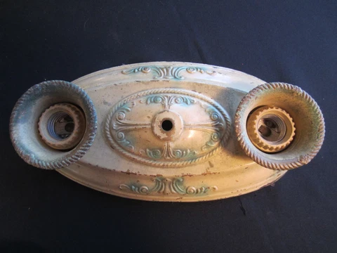 antique ART DECO era Flush Mount CEILING LIGHT FIXTURE pressed metal, Cream/Blue Cover