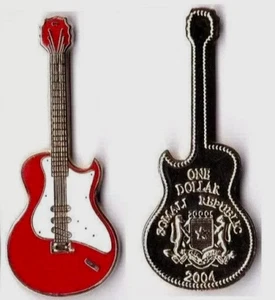 Somalia 1 DOLLAR 2004 x 1 Pcs Silver UNC GUITAR SHAPED Red COLOURED Rare COIN - Picture 1 of 6