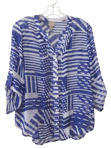 Chicos blau & weiß Print durchsichtig Riegelärmel geknöpftes Shirt Top Gr. 0 - Bild 1 von 3
