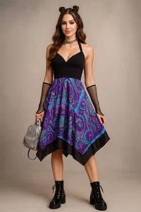 Signature Sangria Halter Dress Women 6 Y2K Fairy Boho Paisley Handkerchief Hem - Picture 1 of 24
