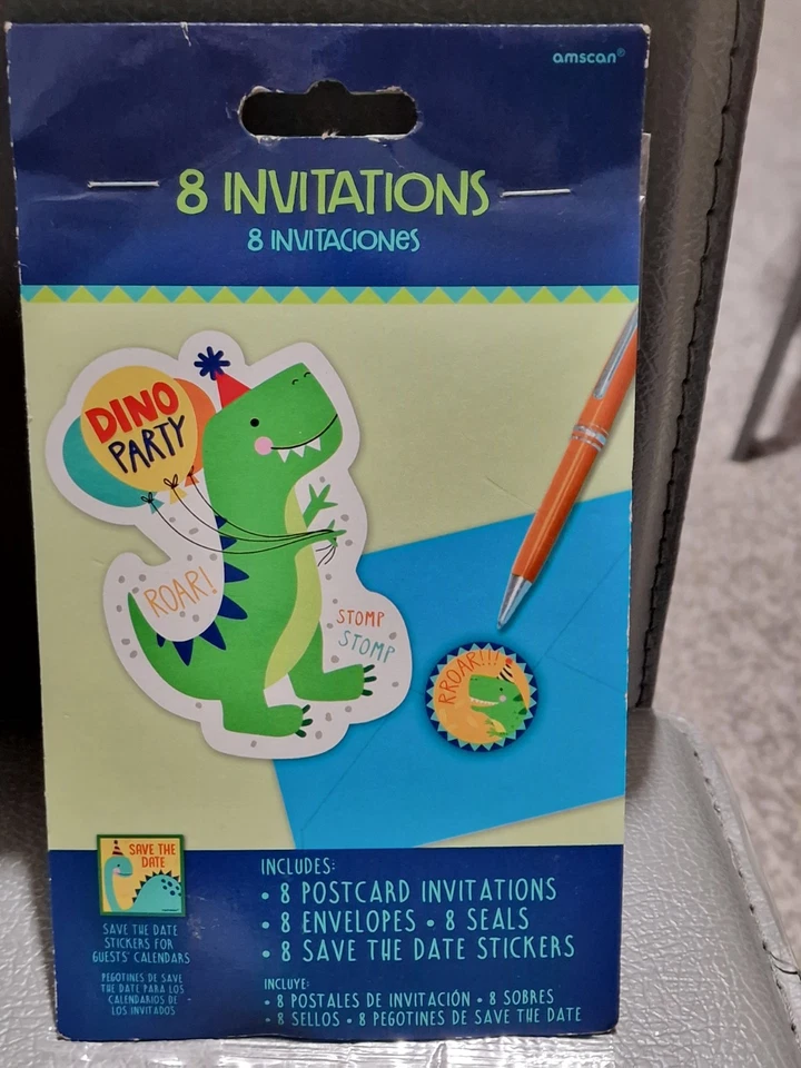 Amscan Dino Party 8-INVITATIONS and Envelopes Cards Save The Date Stickers New - Image 1 of 3