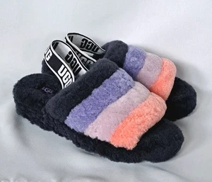 Women’s Ugg Fluff Yeah Striped Slides Size 7 Blue Purple Pink Open Toe  - Picture 1 of 9