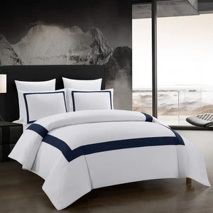 Juego de funda nórdica de hotel tamaño queen 3 piezas microfibra azul marino patrón de línea ropa de cama co... - Imagen 1 de 9