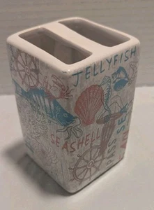 Beach Design Ceramic Vanity Toothbrush Holder Shells Jellyfish Beachy - Picture 1 of 6