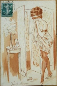 Helli/Louis Icart/Artist-Signed 1912 Nude/Topless/Risque Postcard-'Gros Chagrin' - Picture 1 of 1