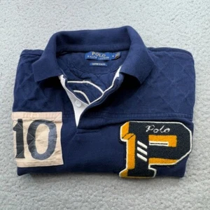 Ralph Lauren Polo Shirt Men Medium Slim Blue Chenile Football Varsity Rugby Tip - Picture 1 of 12