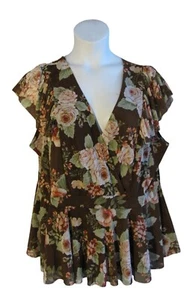 Torrid 4 4X Brown Green Floral Shirt Top Blouse Stretch - Picture 1 of 3