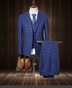 Blue Plaid Men's Double Breasted Tweed Prom Tuxedo Groom 3 Piece Suit Custom - Picture 1 of 10