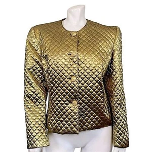 VINTAGE 90’s Glam Metallic Gold Quilted Collareless Cropped Button Up Jacket - Picture 1 of 6