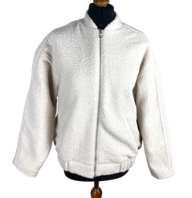 H&M Bomber Jacket Women's UK Size XS Beige Oversized Teddy  - Image 1 of 4