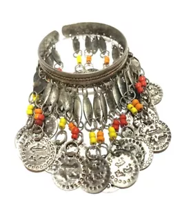 Bracciale Braccialetto Etnico Tribale Argento Vintage Rosso Giallo Arancione Perline - Foto 1 di 10