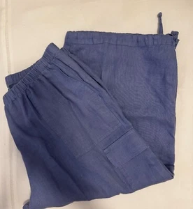 Flax 100% Linen Wide Leg Crop Cargo Capri Pants Wide Leg Lagenlook Cinch Blue L - Picture 1 of 11
