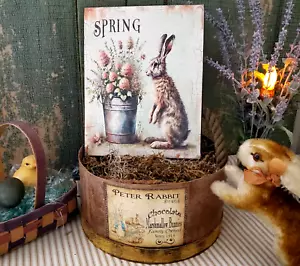 INSEGNA PASQUALE PRIMAVERILE SECCHIO CONIGLIETTO SHABBY PRIMITIVO ANTICO VINTAGE STILE POPOLARE - Foto 1 di 11