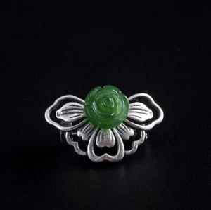 I04 Brooch Pin Butterfly with Rose From Green Jade Silver 925 - Imagen 1 de 5