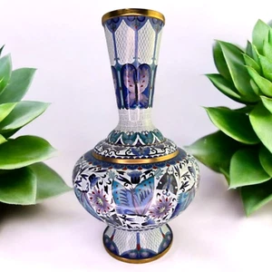 Vintage große chinesische Cloisonne Messing Emaille Schmetterling Vase blau weiß lila - Bild 1 von 7